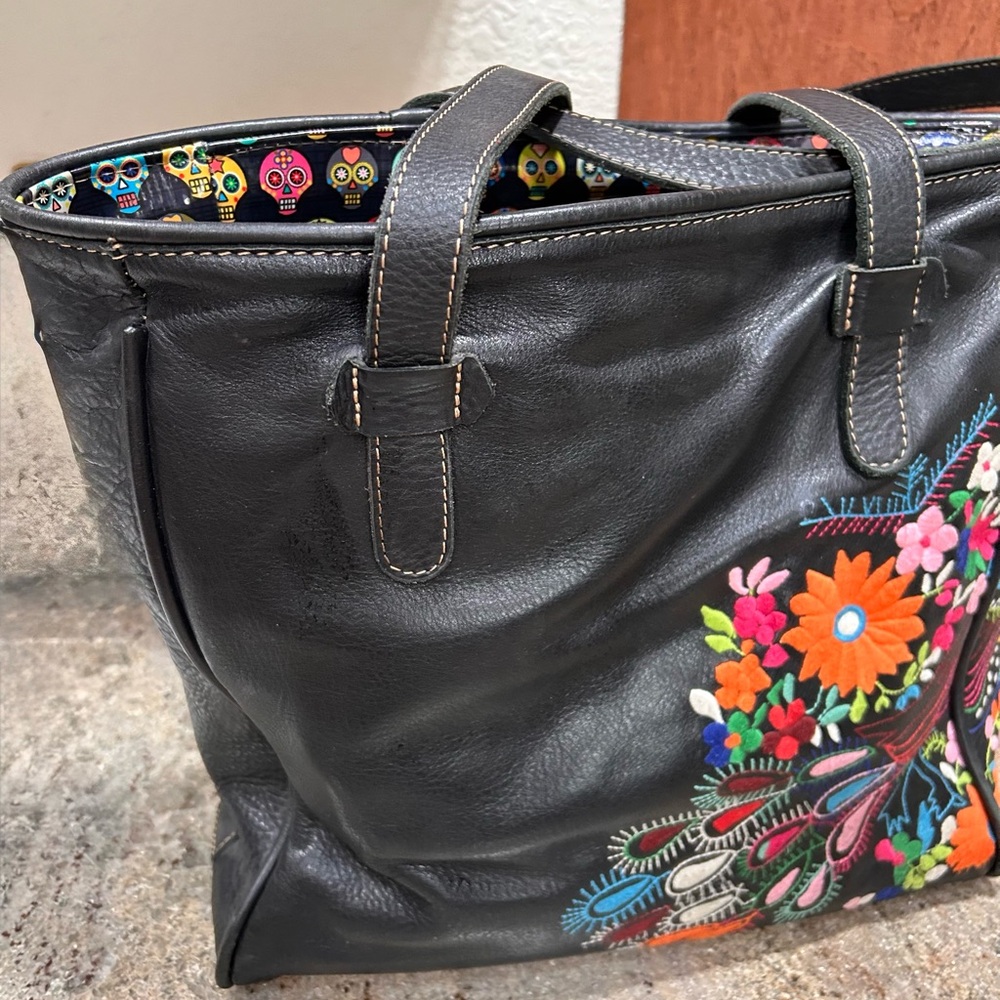 Consuela Leather Black Floral Embroidered Tote with Silver Hardware